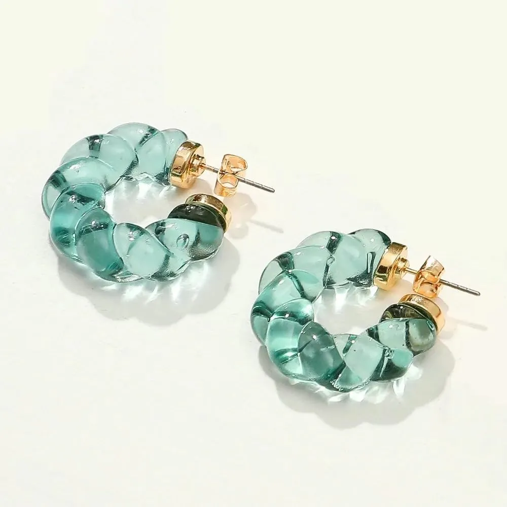14k Gold C Shape Blue Resin Twist Lucite Earrings For Women, Transparent Resin Cuff See Through Hoops Earrings, Vintage Lucite Earrings Gifts