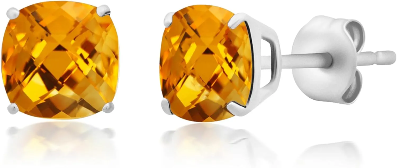 14k Gold Cushion Cut Gemstone Round Stud Earrings for Women | 6mm Round Birthstone Studs | Anti Tarnishing Gold Gemstone Earring by MAX   STONE