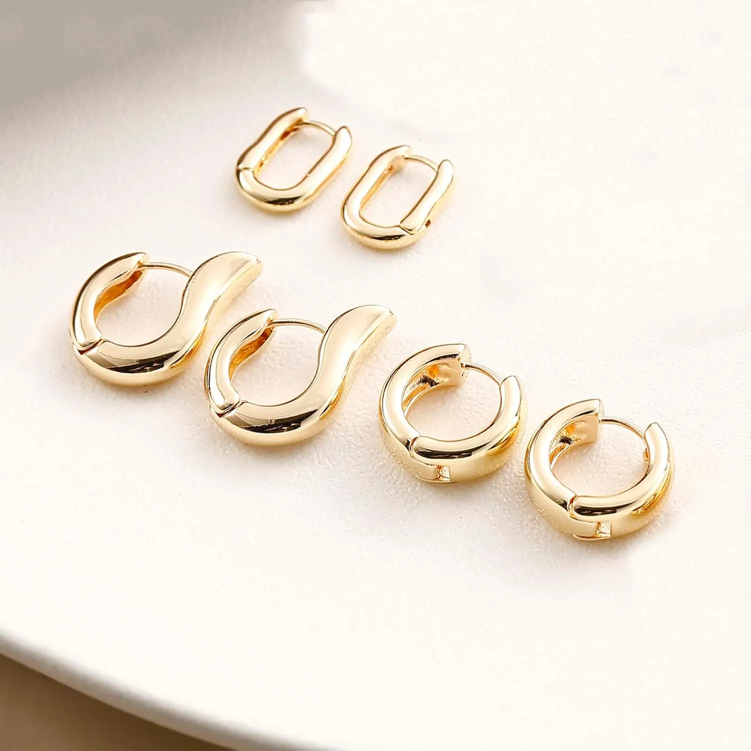 14K Gold Hoop Earrings for Women, Hypoallergenic Chunky Gold Hoop Earrings Multipack, Lightweight Twisted Huggie Hoops Earring Set Jewelry for Gifts