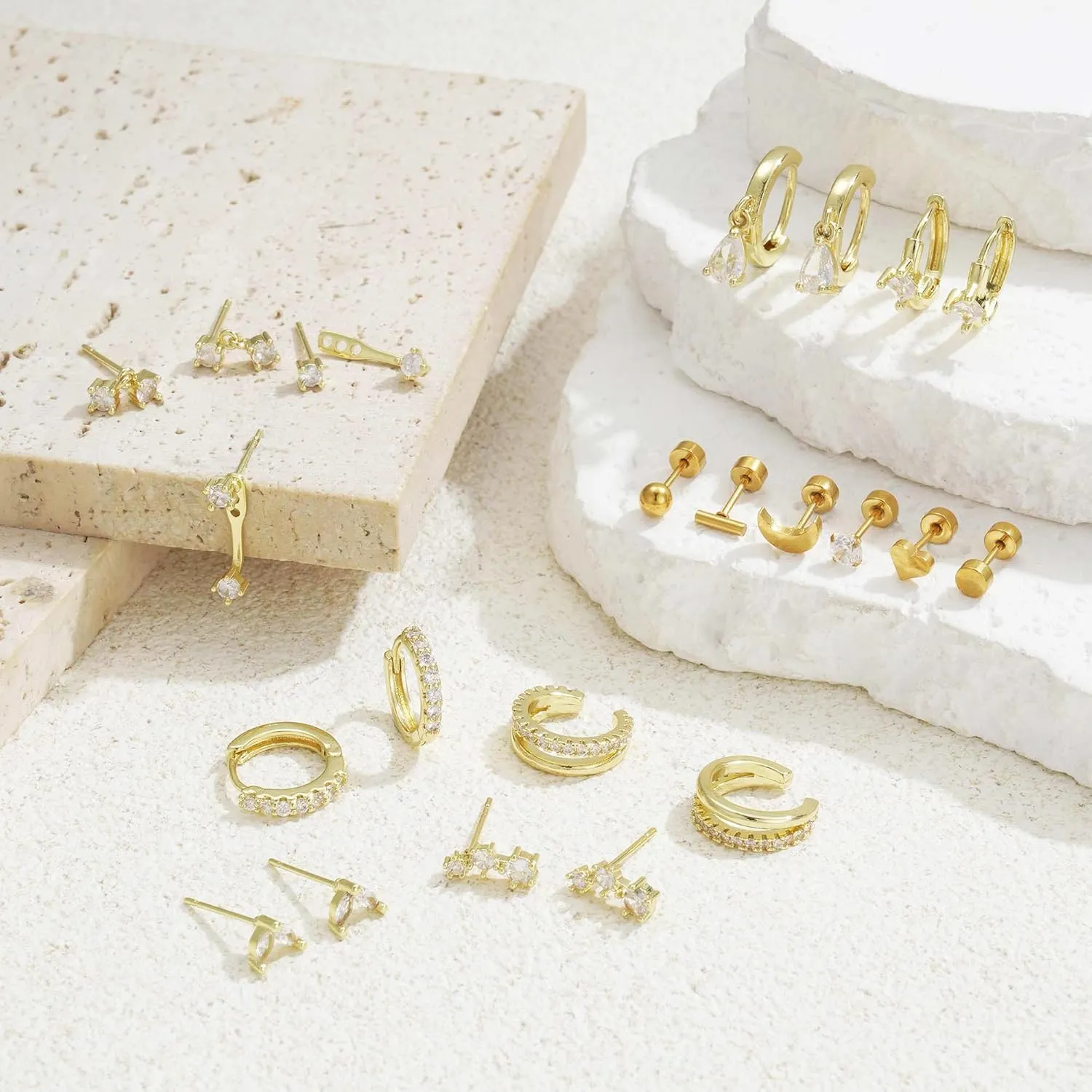 18 Pairs Hoop Stud Earrings Set for Women Gold Flat Back Stud Dainty Chunky Hoop Earring Hypoallergenic Stackable Earrings Sets for Multiple Piercing