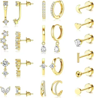 18 Pairs Hoop Stud Earrings Set for Women Gold Flat Back Stud Dainty Chunky Hoop Earring Hypoallergenic Stackable Earrings Sets for Multiple Piercing