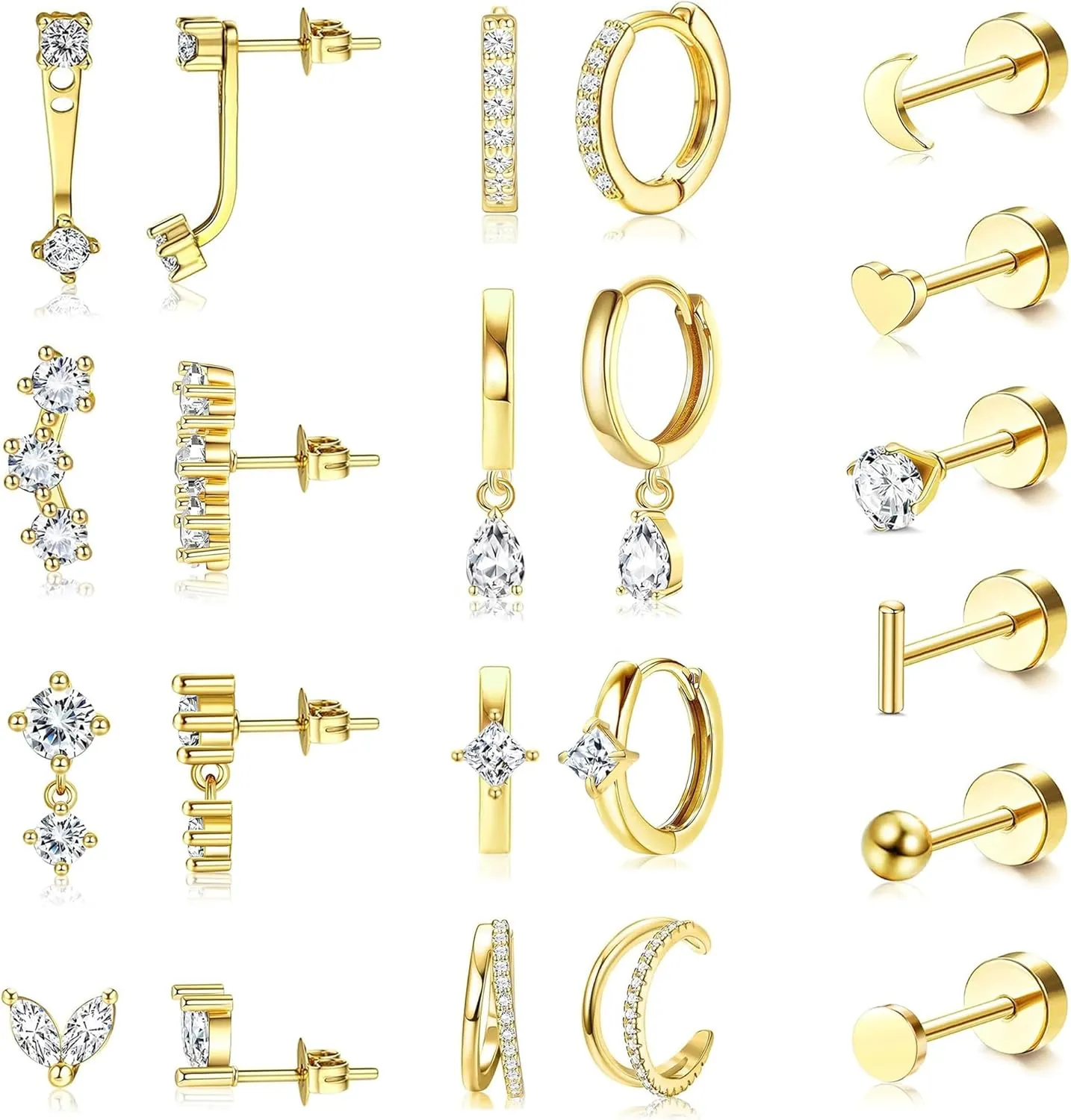 18 Pairs Hoop Stud Earrings Set for Women Gold Flat Back Stud Dainty Chunky Hoop Earring Hypoallergenic Stackable Earrings Sets for Multiple Piercing
