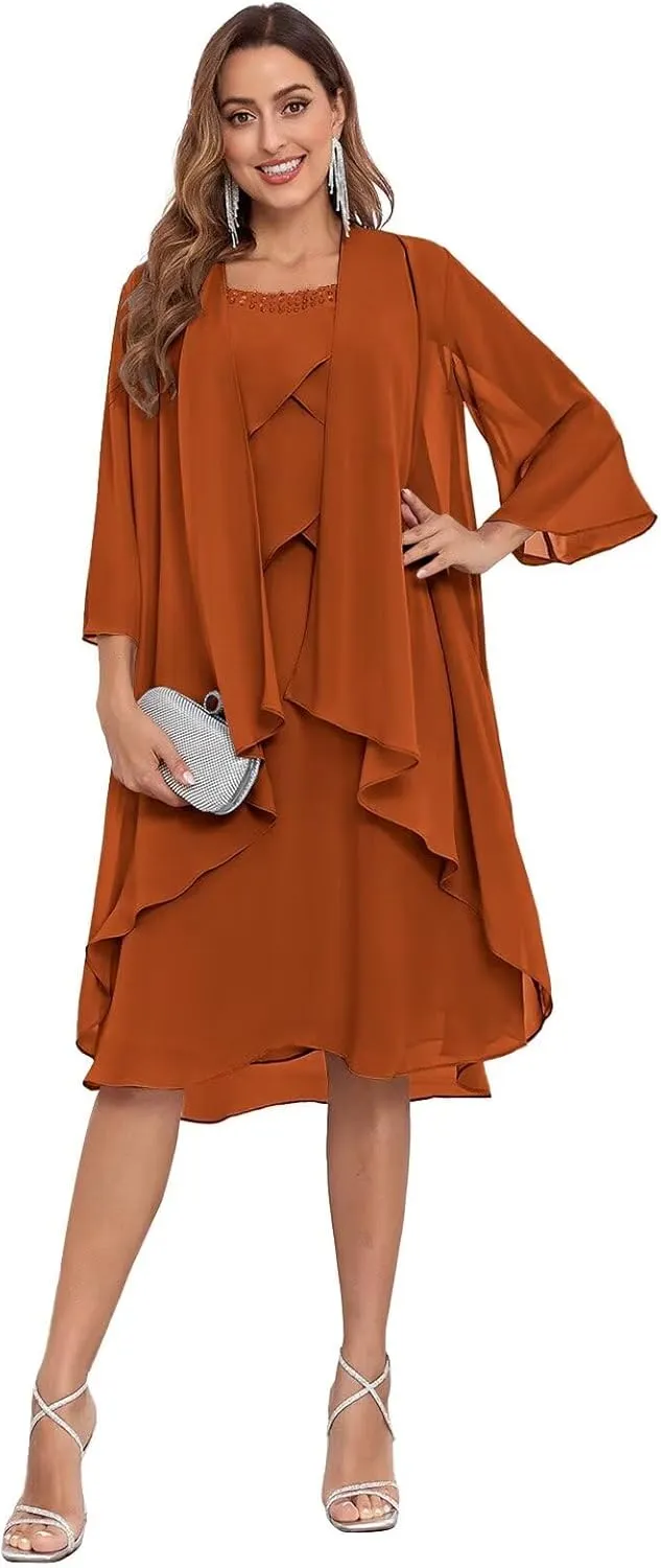 2 Piece Mother of The Bride Dresses for Wedding with Jacket Ruffle Petite Formal Evening Gown for Women