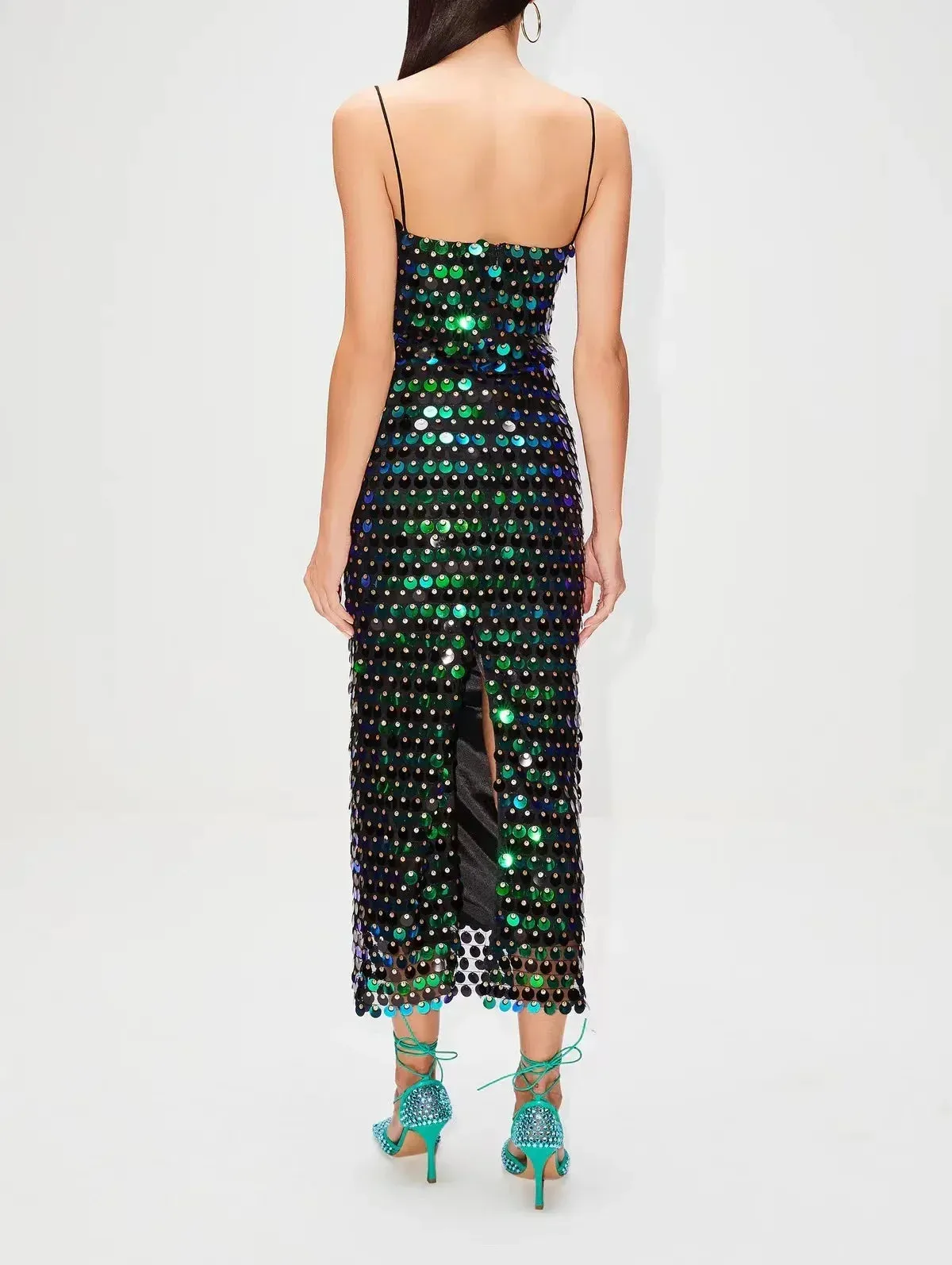 2024 New Sequined Tube Top Strap Sexy Sleeveless Slim Solid Straight Backless Slip Dress
