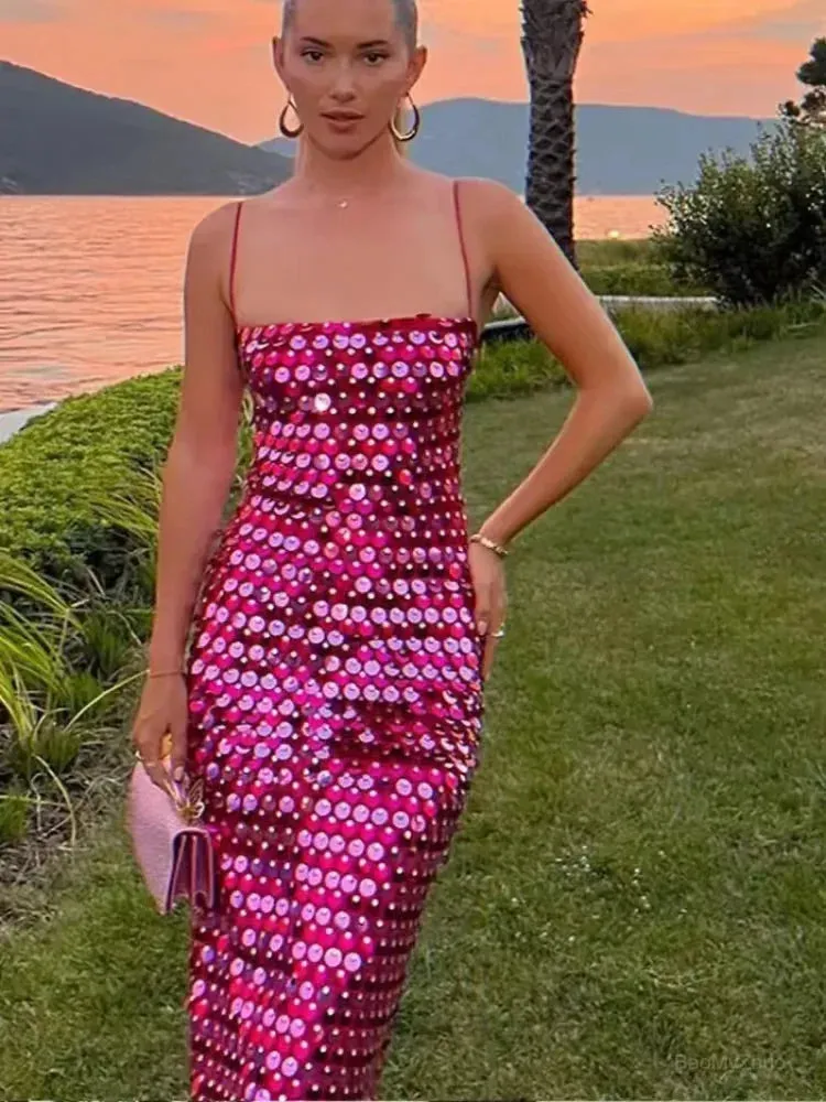 2024 New Sequined Tube Top Strap Sexy Sleeveless Slim Solid Straight Backless Slip Dress