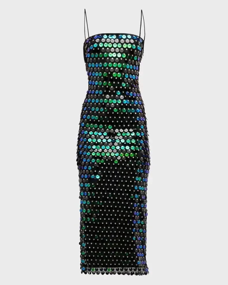 2024 New Sequined Tube Top Strap Sexy Sleeveless Slim Solid Straight Backless Slip Dress