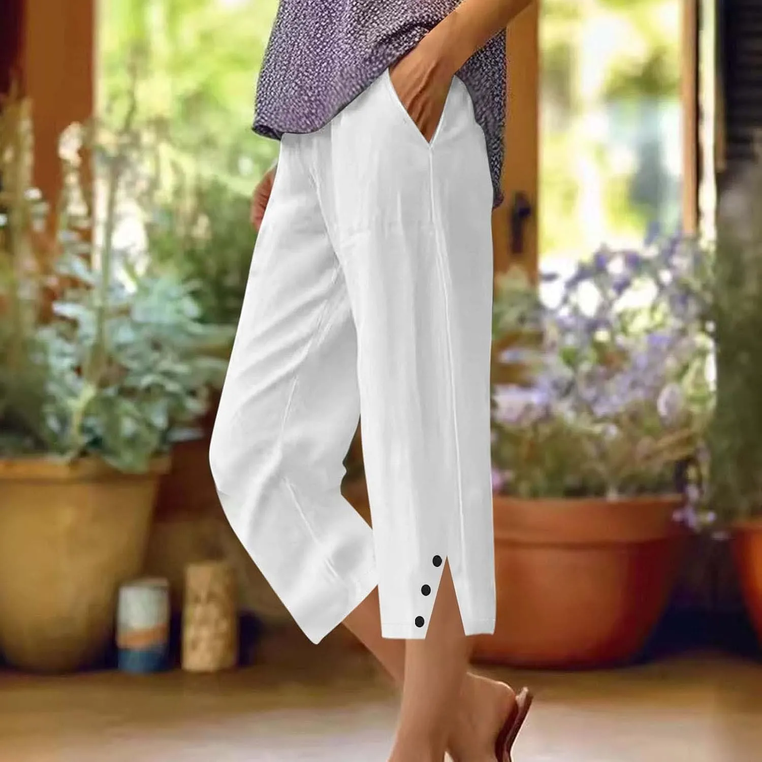 2025 Capri Pants for Women Casual Summer Drawstring Elastic High Waist Linen Pant Straight Leg Cropped Trouser