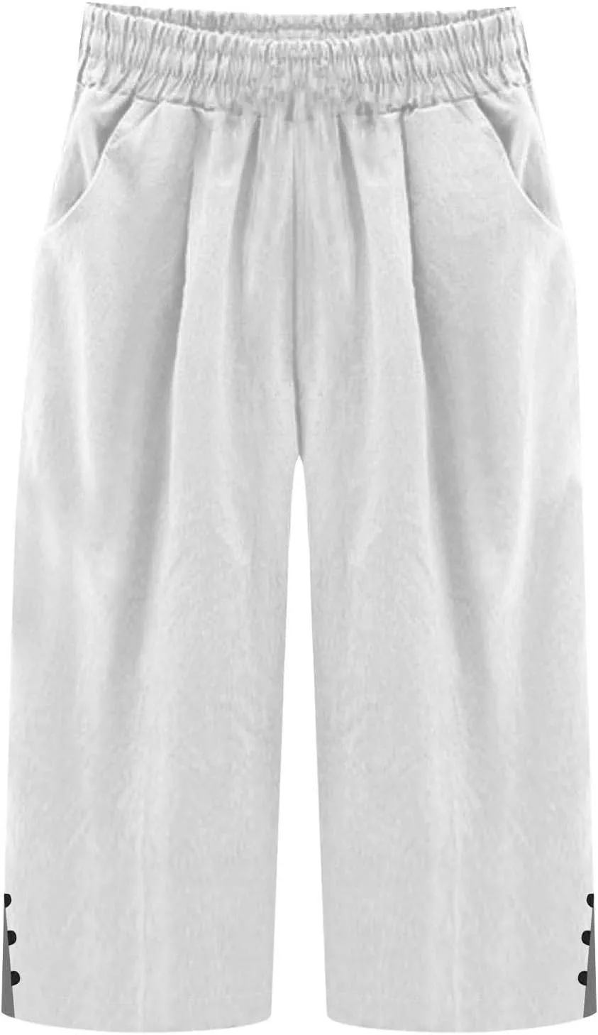 2025 Capri Pants for Women Casual Summer Drawstring Elastic High Waist Linen Pant Straight Leg Cropped Trouser