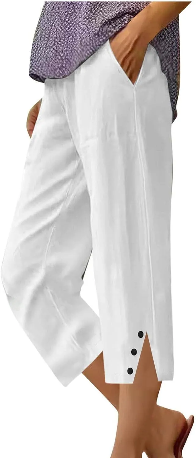 2025 Capri Pants for Women Casual Summer Drawstring Elastic High Waist Linen Pant Straight Leg Cropped Trouser