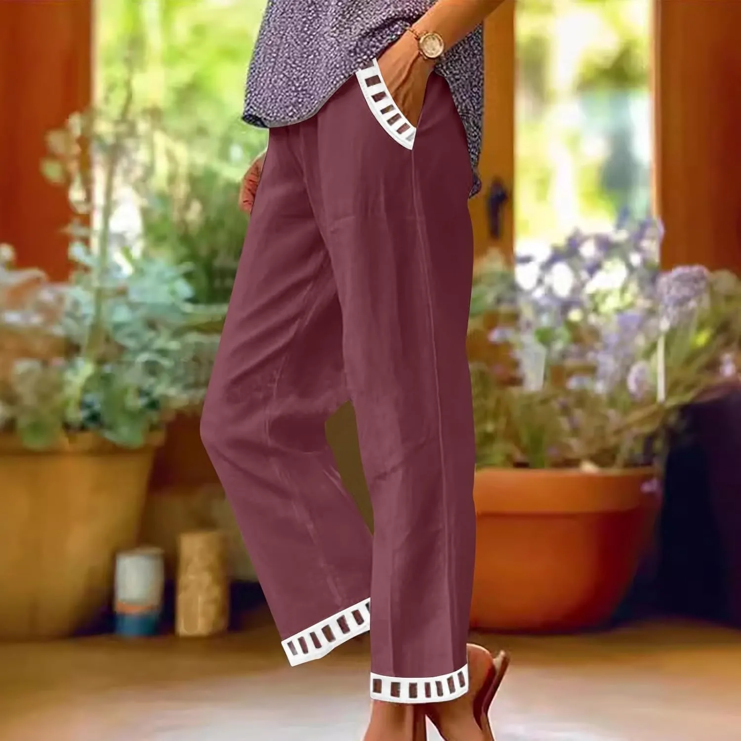 2025 Womens Capri Lace Linen Pants, Casual Summer Drawstring Elastic High Waist Pant Straight Cropped Trouser