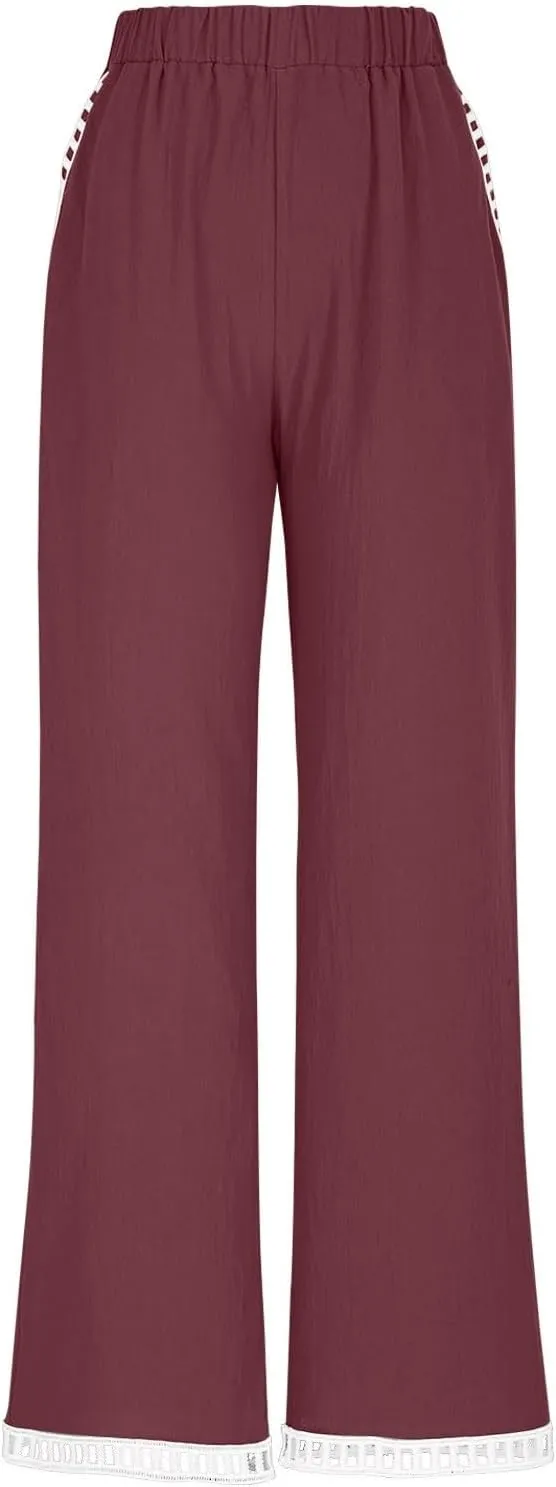 2025 Womens Capri Lace Linen Pants, Casual Summer Drawstring Elastic High Waist Pant Straight Cropped Trouser