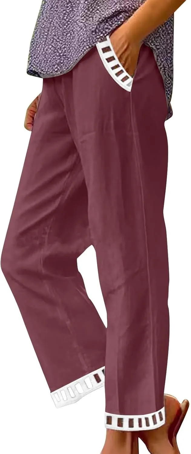 2025 Womens Capri Lace Linen Pants, Casual Summer Drawstring Elastic High Waist Pant Straight Cropped Trouser