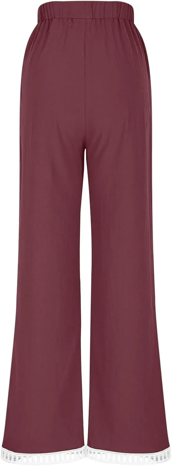 2025 Womens Capri Lace Linen Pants, Casual Summer Drawstring Elastic High Waist Pant Straight Cropped Trouser