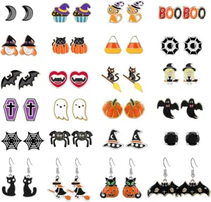 24 Pairs Hypoallergenic Halloween Stud Earrings Set for Women Teens Cute Pumpkin Spider Bat Black Cat Ghost Witch Candy Spooky Earrings Halloween Jewelry Fall Earring Set