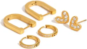 3 Pairs 18K Gold Plated Love Heart Stud Earrings Ear Hoop Set for Women, Hypoallergenic Round Huggie Hoops, Rhinestone Ear Hoops, Earring Set Fashion Gift Ideas