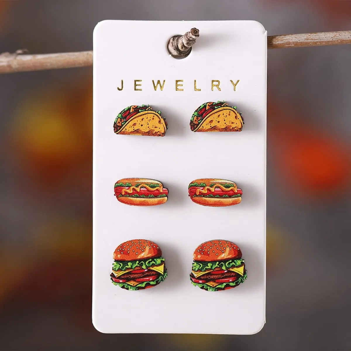 3Pcs Food Stud Earring Set Hamburger Hot Dog Chicken Popcorn Cola Weird Cute Wooden Earrings for Women Funny Jewelry Set