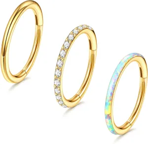 3pcs Nose Rings Hoops - 316L Surgical Steel Hinged Nose Hoops 16G/18G/20G CZ Clicker Septum Nose Ring Lip Helix Cartilage Hoop Earring Daith Rook Conch Body Piercing Jewelry for Women Men 8mm 10mm