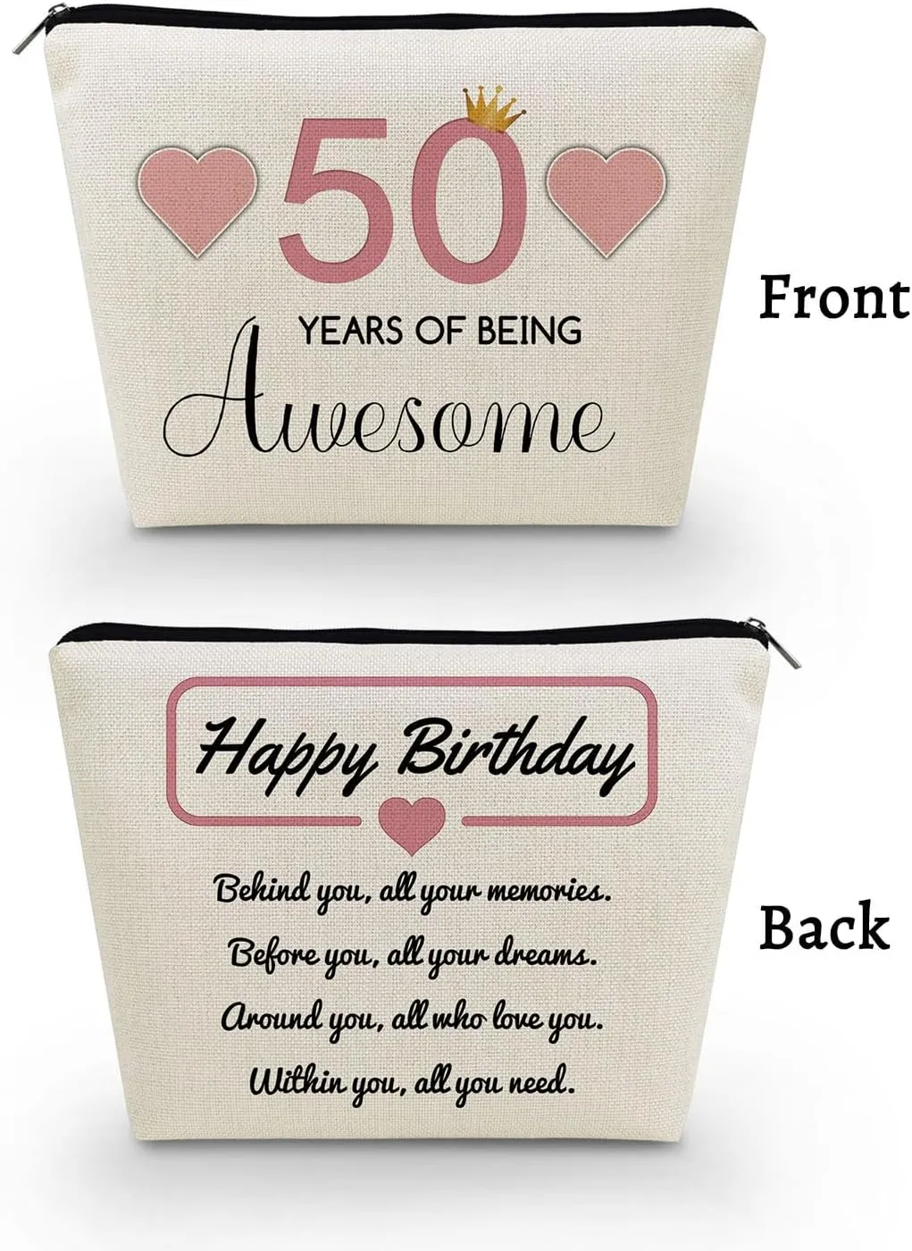50th Birthday Gift Makeup Bag Cute Small Makeup Organizer Bag Travel Toiletry Zipper Pouch for 50-Year-Old Women Happy Birthday Gift Pink 50 Awesome Makeup Bag for Friends BFF