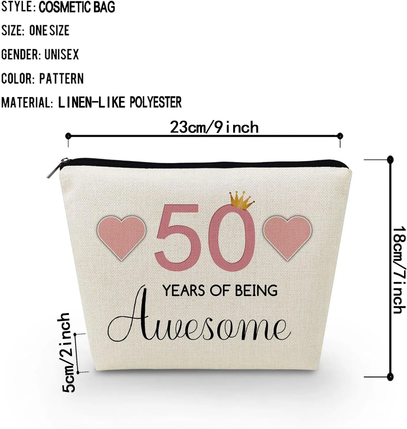 50th Birthday Gift Makeup Bag Cute Small Makeup Organizer Bag Travel Toiletry Zipper Pouch for 50-Year-Old Women Happy Birthday Gift Pink 50 Awesome Makeup Bag for Friends BFF