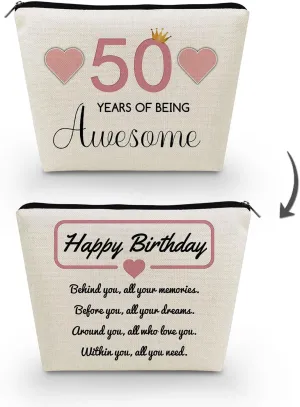 50th Birthday Gift Makeup Bag Cute Small Makeup Organizer Bag Travel Toiletry Zipper Pouch for 50-Year-Old Women Happy Birthday Gift Pink 50 Awesome Makeup Bag for Friends BFF