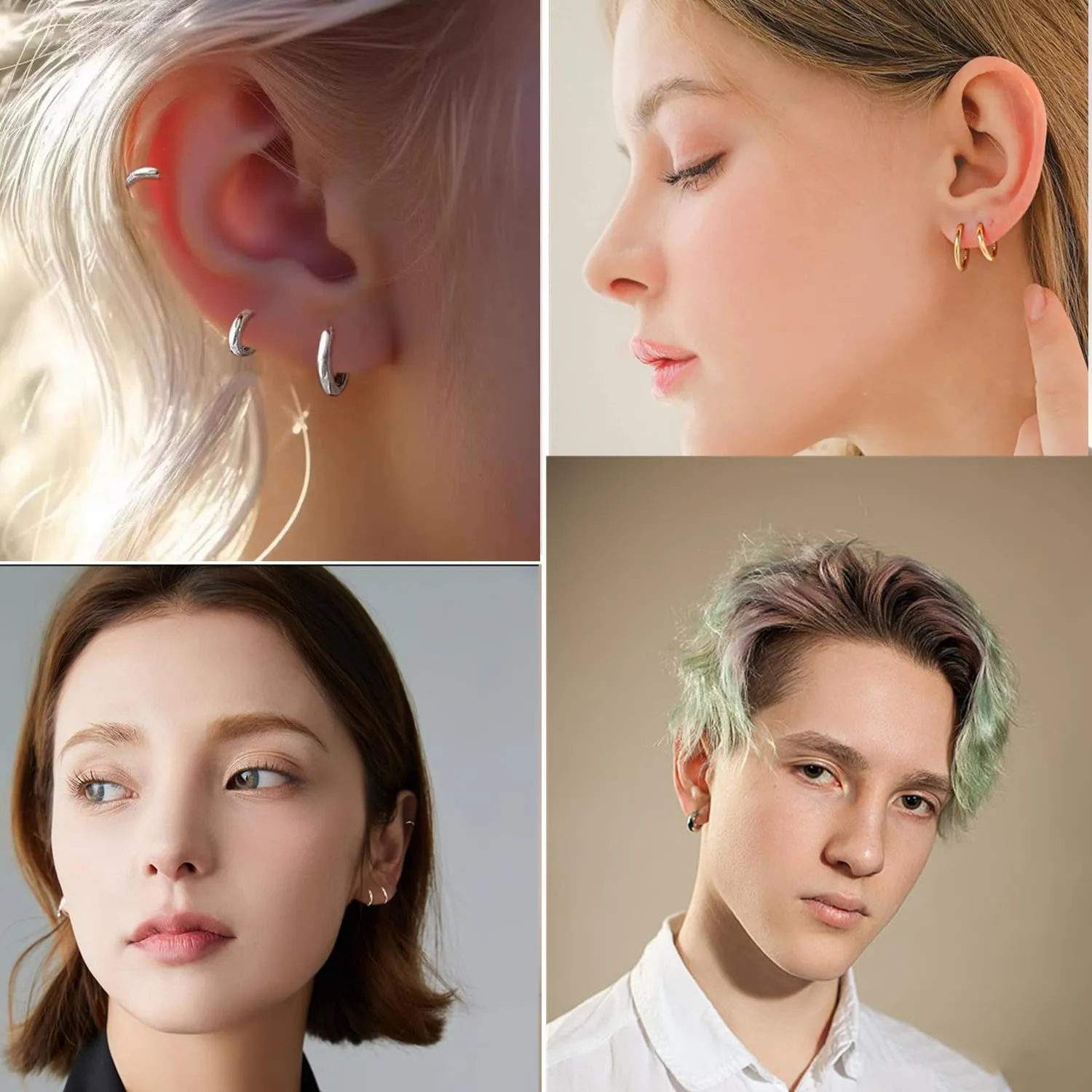 6 Pairs Earrings Sets, Multiple Piercing Lightweight 14K Gold Plated Small Huggie Hoop Earrings, Hypoallergenic Flat Back Tiny CZ Stud Flat Screw Back Earrings for Cartilage, Helix, Lobe (Silver)