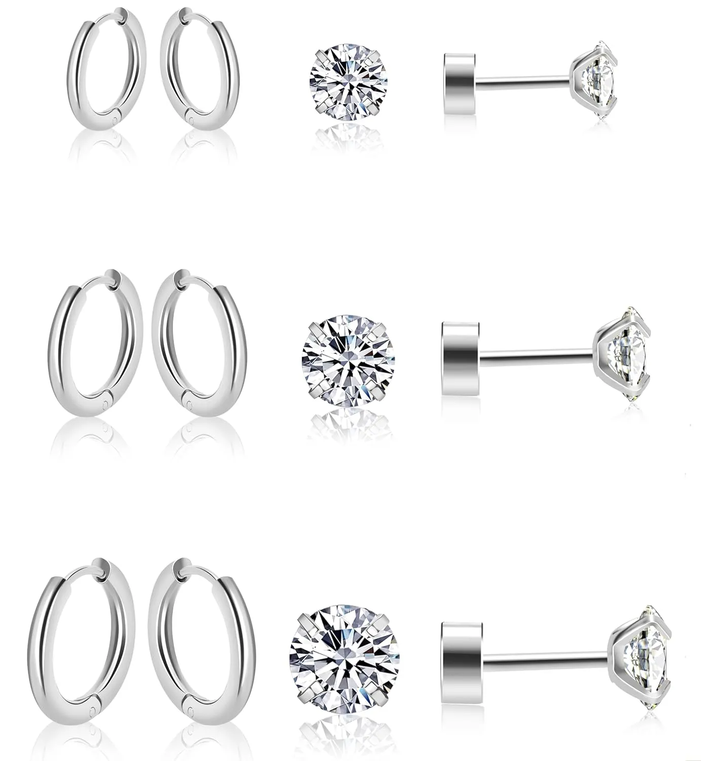 6 Pairs Earrings Sets, Multiple Piercing Lightweight 14K Gold Plated Small Huggie Hoop Earrings, Hypoallergenic Flat Back Tiny CZ Stud Flat Screw Back Earrings for Cartilage, Helix, Lobe (Silver)