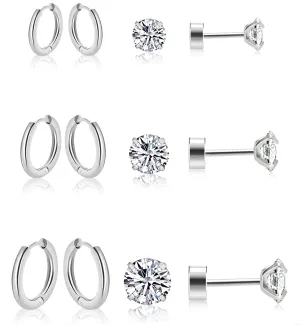 6 Pairs Earrings Sets, Multiple Piercing Lightweight 14K Gold Plated Small Huggie Hoop Earrings, Hypoallergenic Flat Back Tiny CZ Stud Flat Screw Back Earrings for Cartilage, Helix, Lobe (Silver)