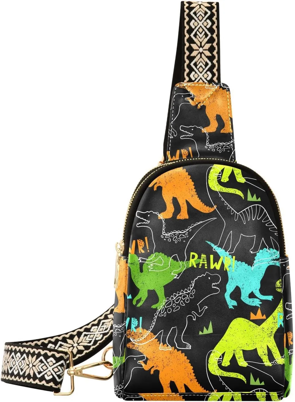 Abstract Dino Fanny Pack Crossbody PC Leather Small Sling Bag for Women Colorful Dinosaur Fashion Waist Packs Chest Bag for Travel Sports Running Hiking