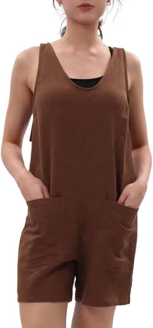 Amazhiyu Women's Linen Summer Casual Short Romper Loose Jumpsuits with Pockets