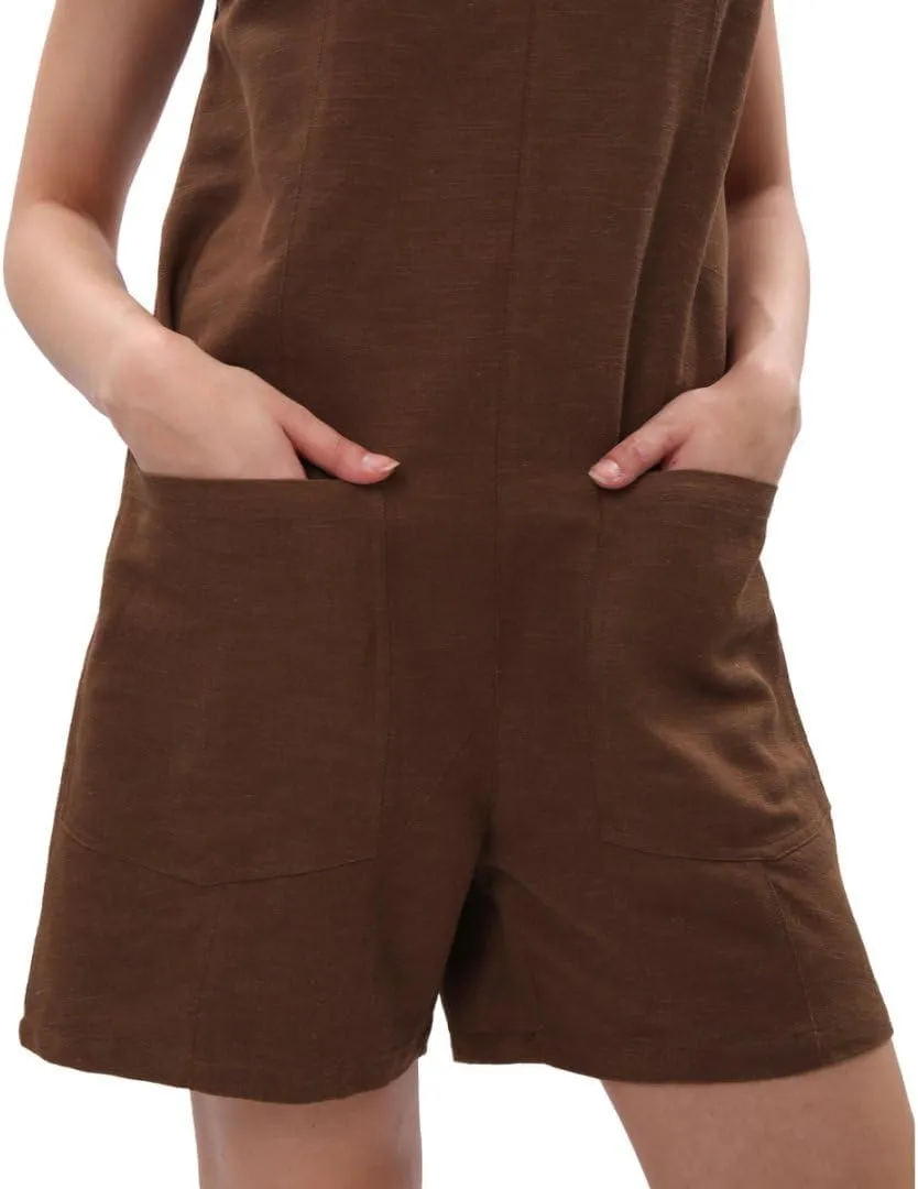 Amazhiyu Women's Linen Summer Casual Short Romper Loose Jumpsuits with Pockets