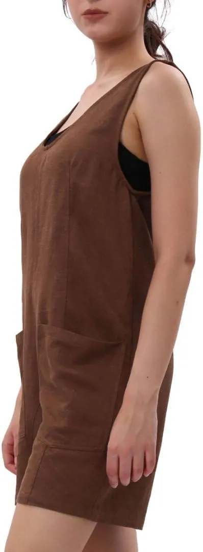 Amazhiyu Women's Linen Summer Casual Short Romper Loose Jumpsuits with Pockets