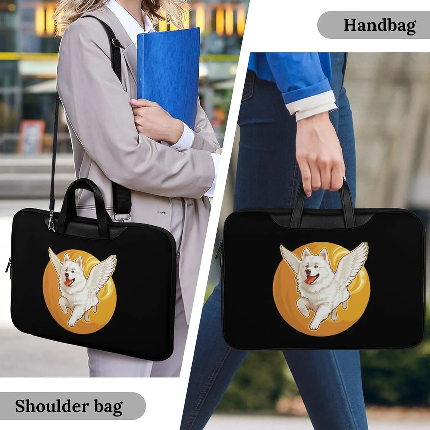 American Eskimos Dog Running Angel Wings Laptop Tote Bag Waterproof Computer Carrying Case Business Office Briefcase