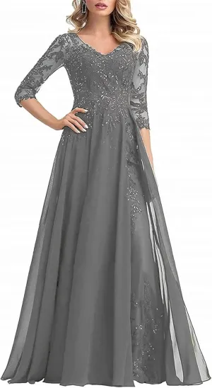 Beaded Appliques Mother of The Bride Dresses for Wedding Chiffon Long Formal Evening Dress with Sleeves