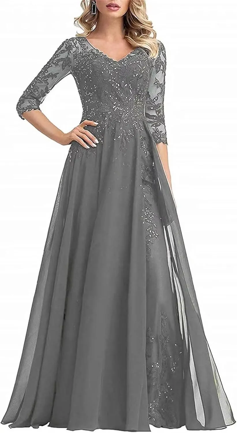 Beaded Appliques Mother of The Bride Dresses for Wedding Chiffon Long Formal Evening Dress with Sleeves