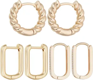 Beebeecraft 3 Pairs Chunky Hoop Earring Set Real 18K Gold Plated Twisted Huggie Hoop Earring Thick Open Lightweight Round Rectangle Earrings Jewelry for Gifts Women