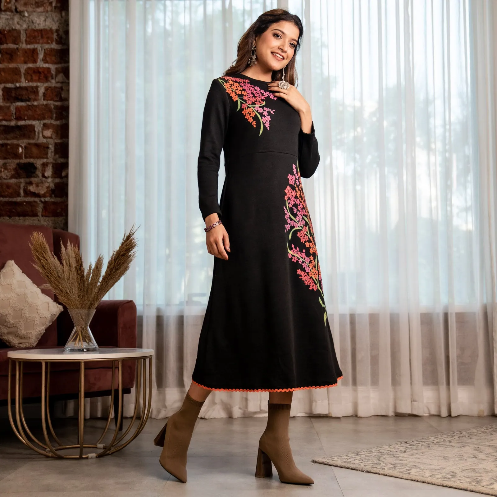 Black Acrylic Floral Flared Dress
