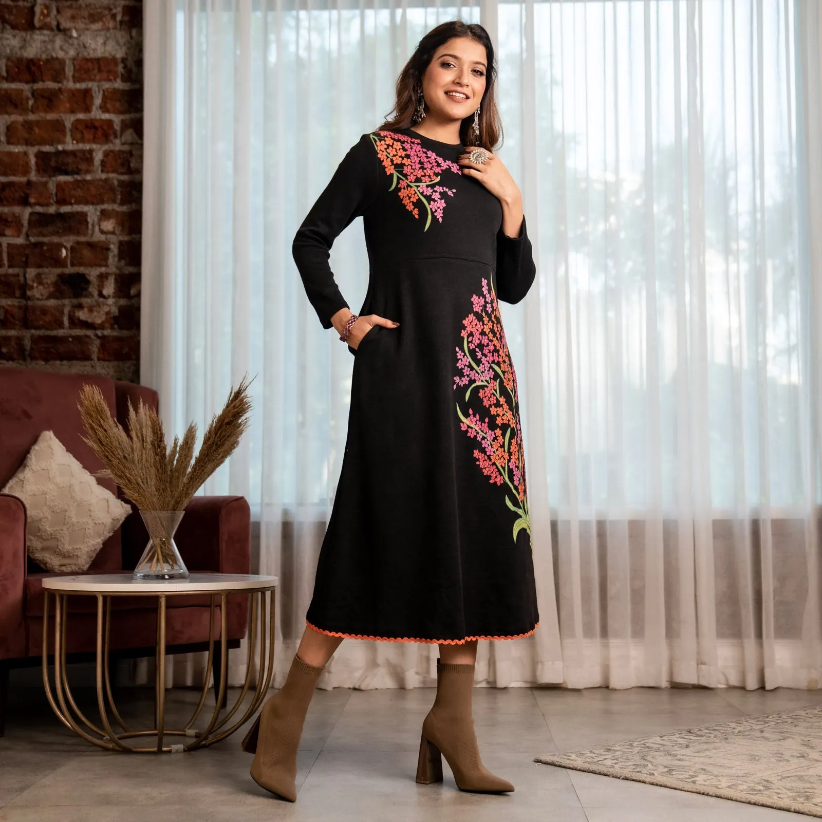 Black Acrylic Floral Flared Dress