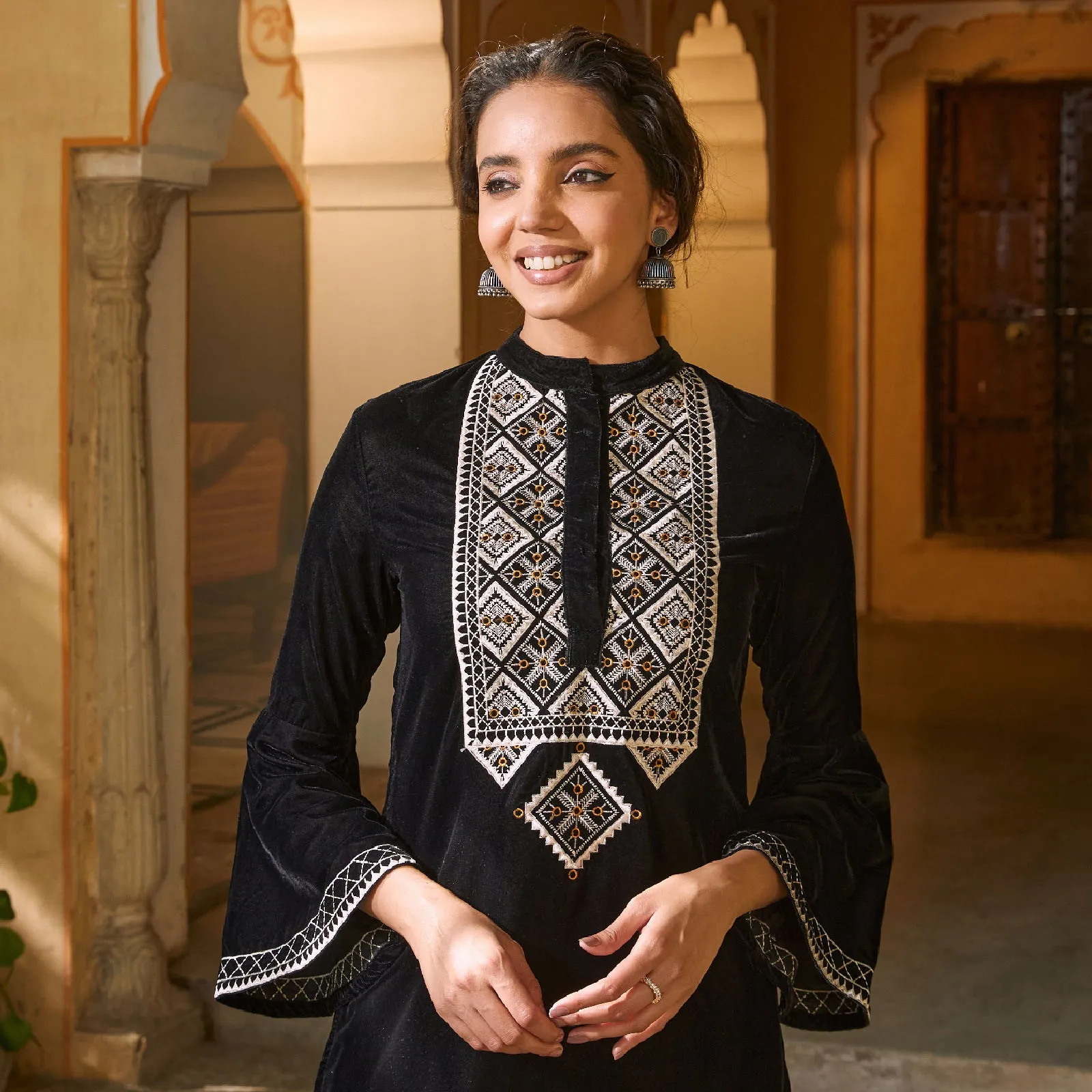 Black Velvet Embroidered Kurta with Bell Sleeves