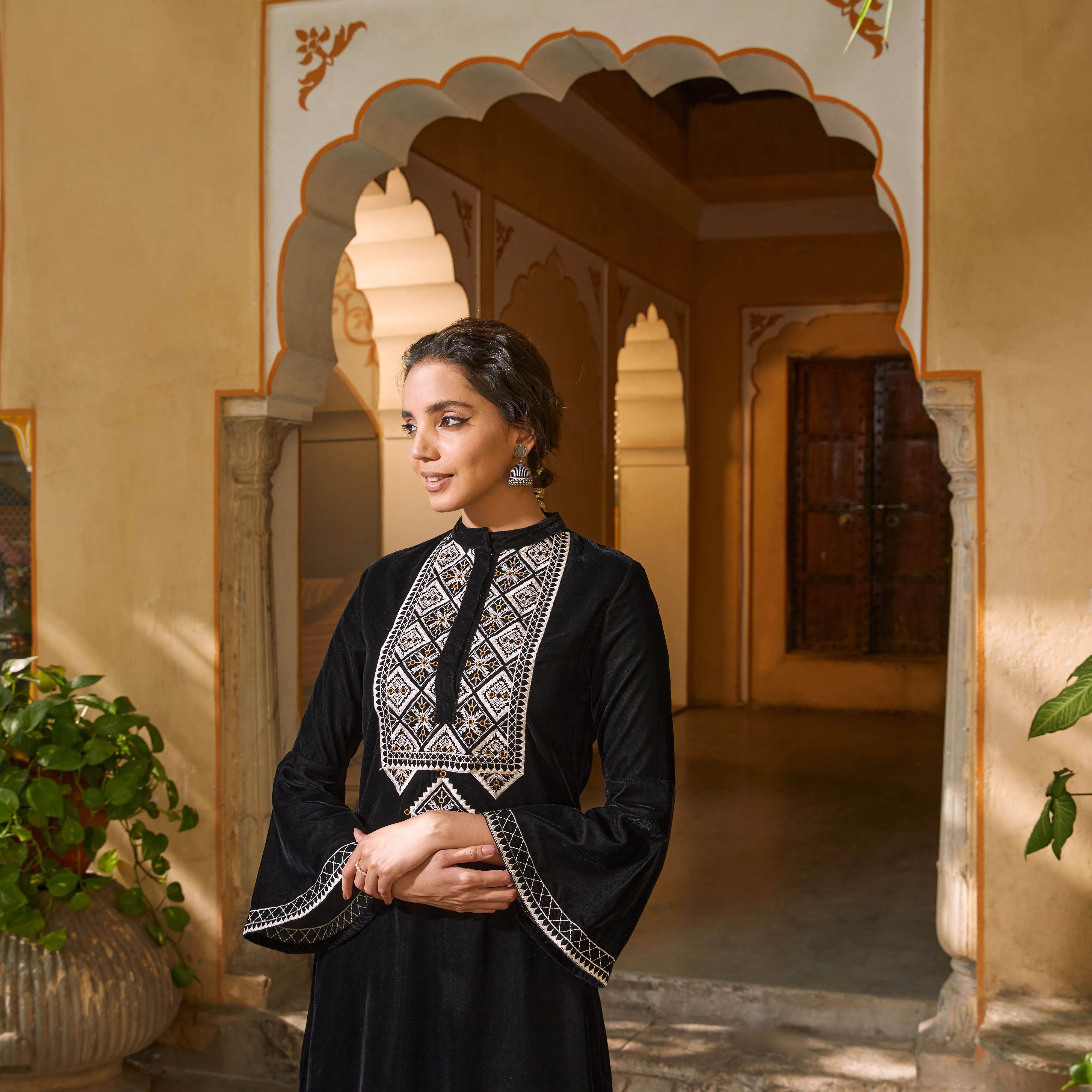 Black Velvet Embroidered Kurta with Bell Sleeves