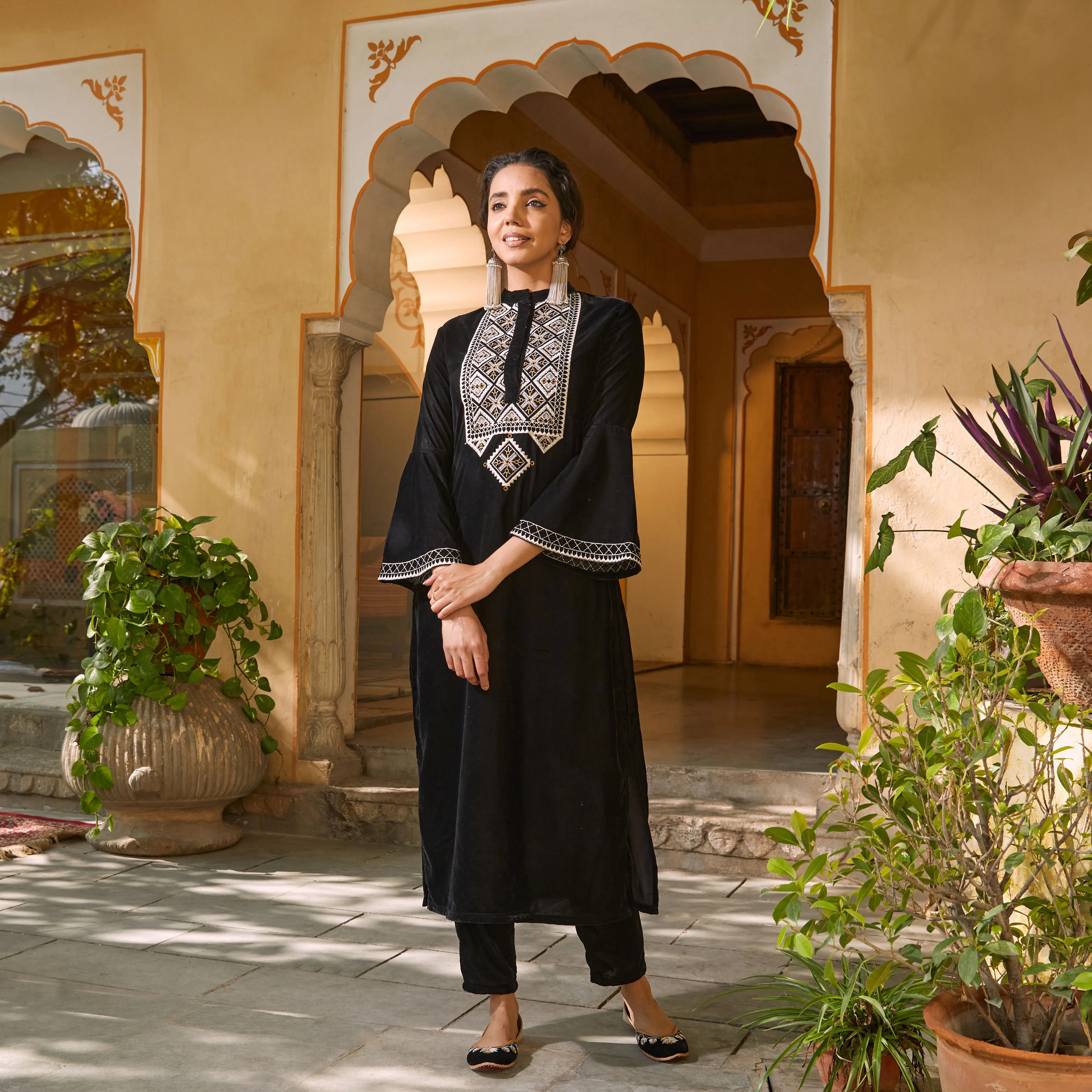 Black Velvet Embroidered Kurta with Bell Sleeves