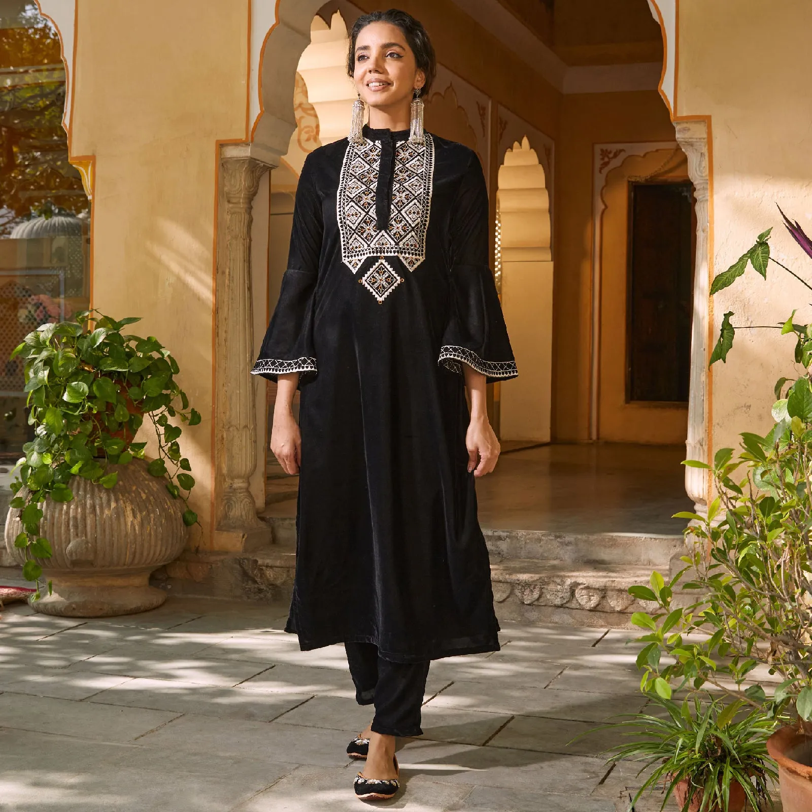 Black Velvet Embroidered Kurta with Bell Sleeves