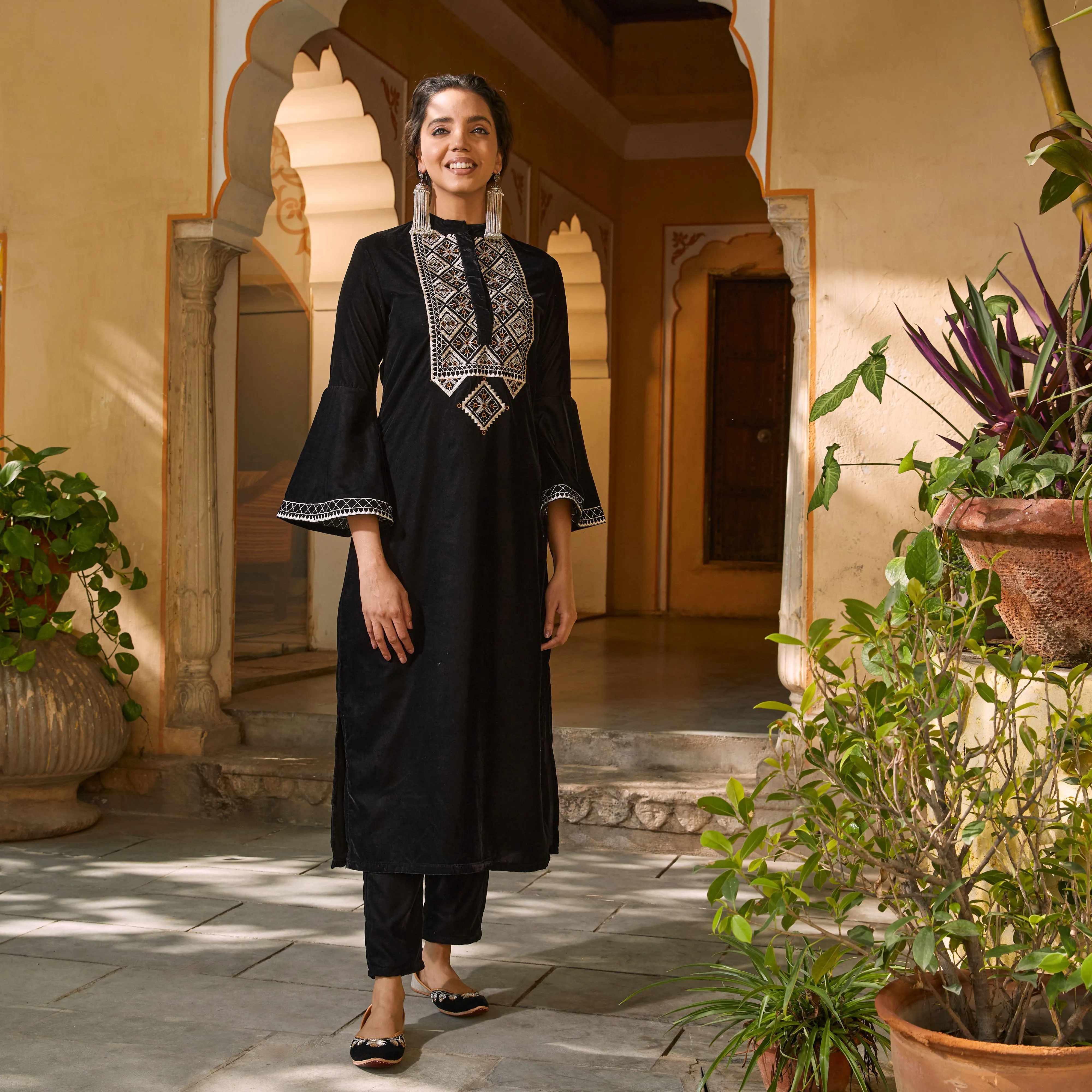 Black Velvet Embroidered Kurta with Bell Sleeves