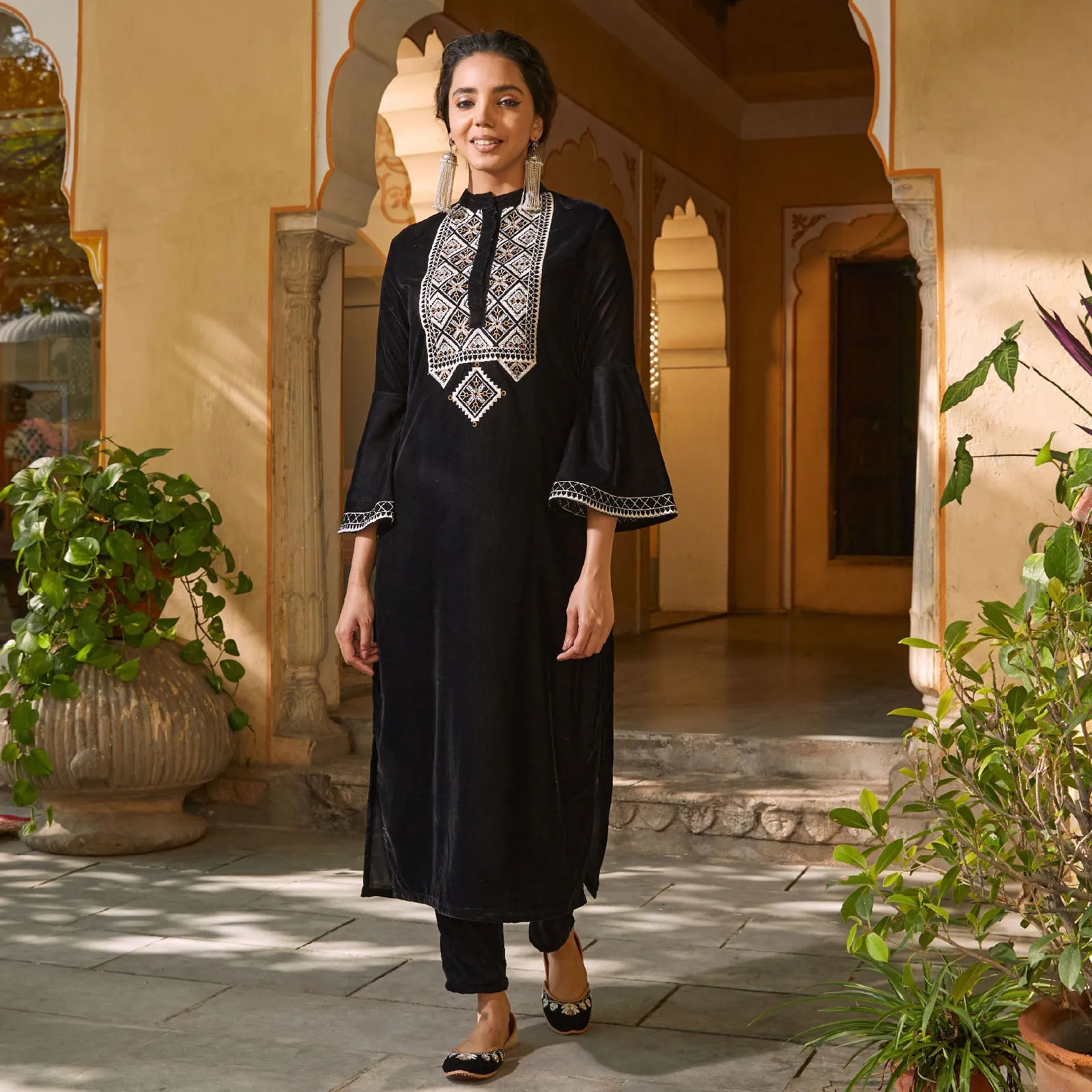 Black Velvet Embroidered Kurta with Bell Sleeves