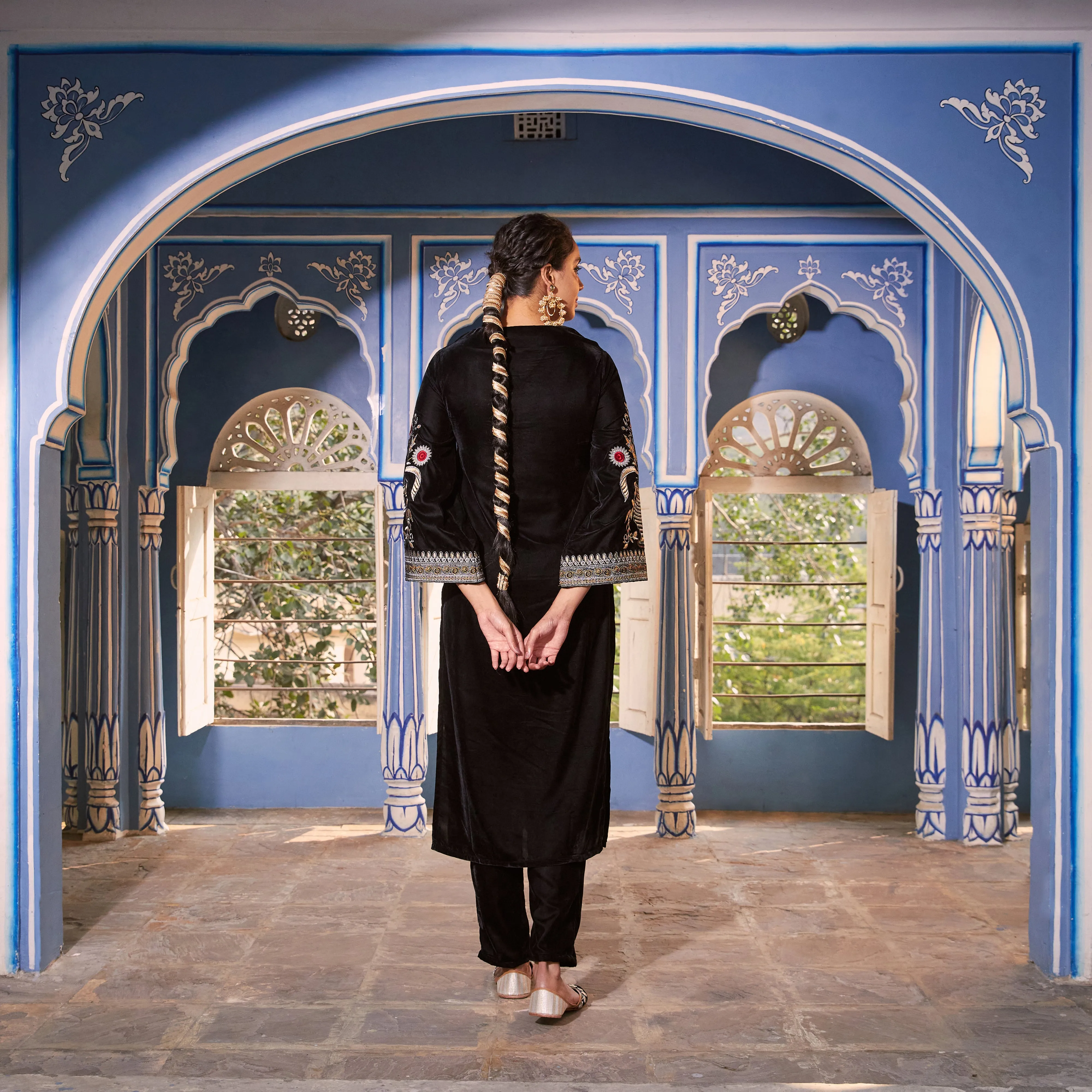 Black Velvet Zari Embroidered Straight Kurta