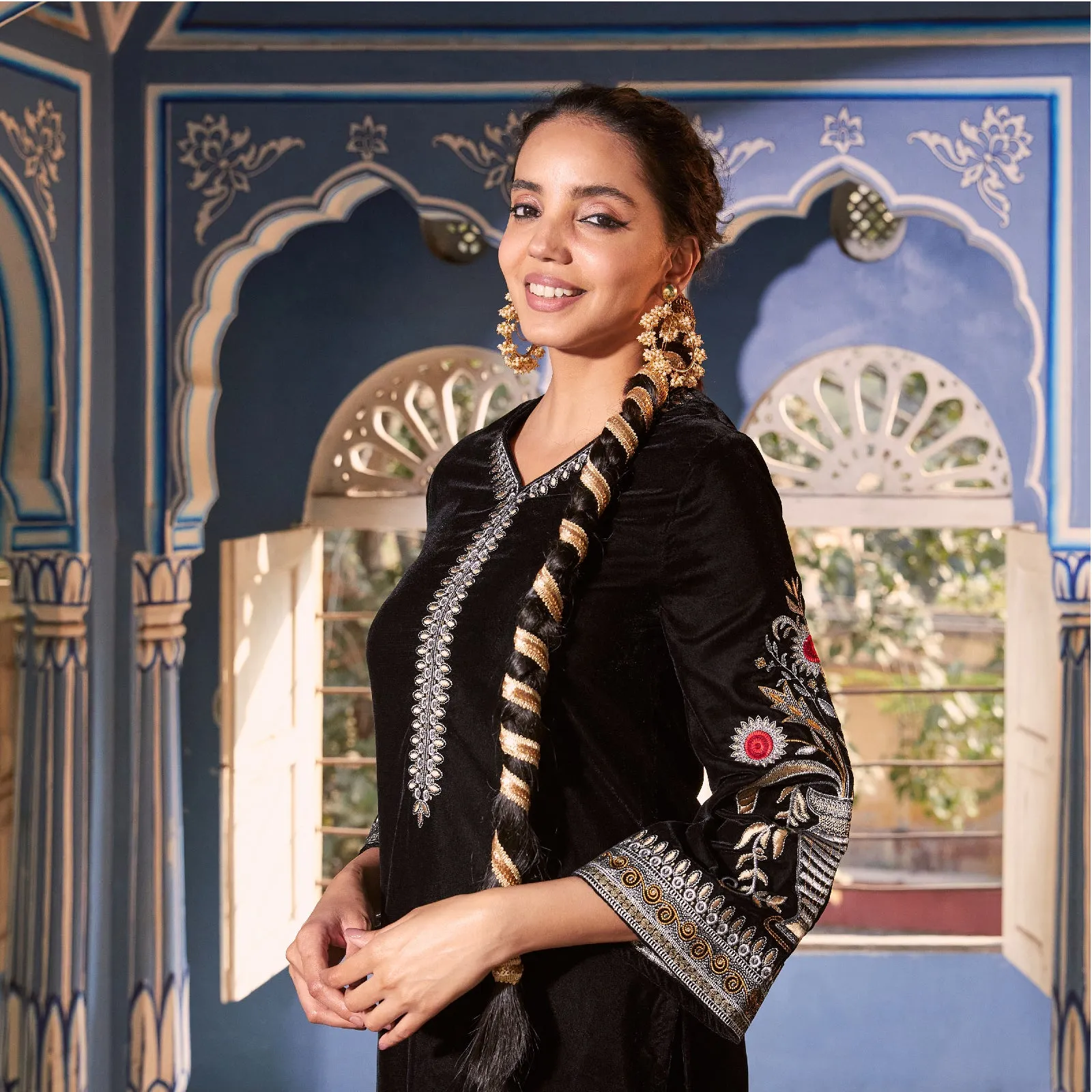 Black Velvet Zari Embroidered Straight Kurta