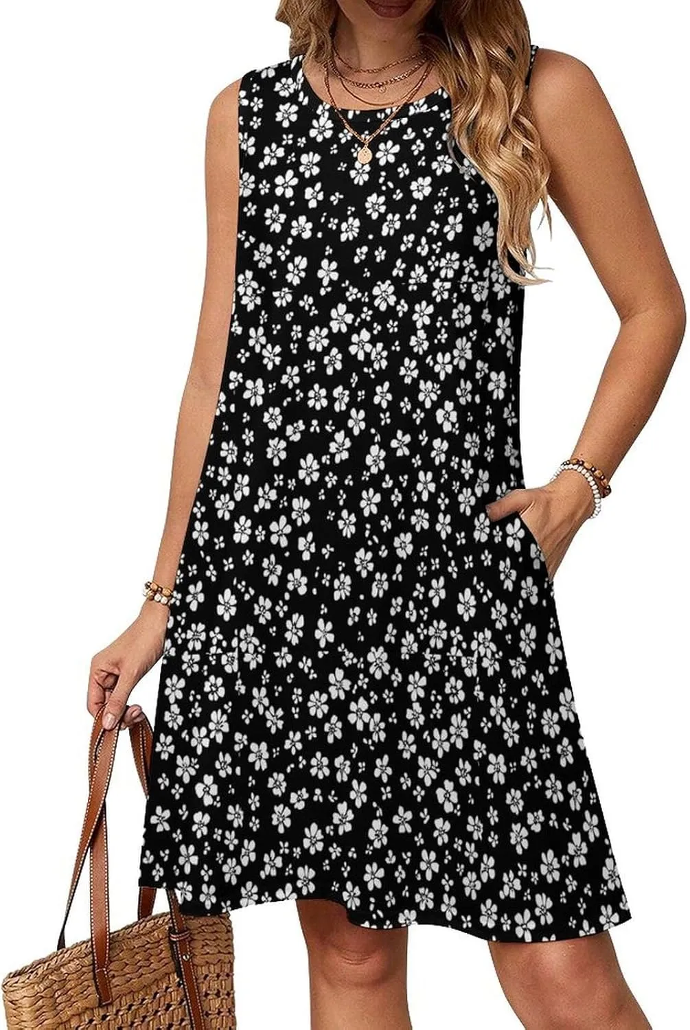 Boho Dresses for Women Summer Floral Printed Sleeveless Sundress Crewneck A-Line Mini Tank Dress Beach Vacation