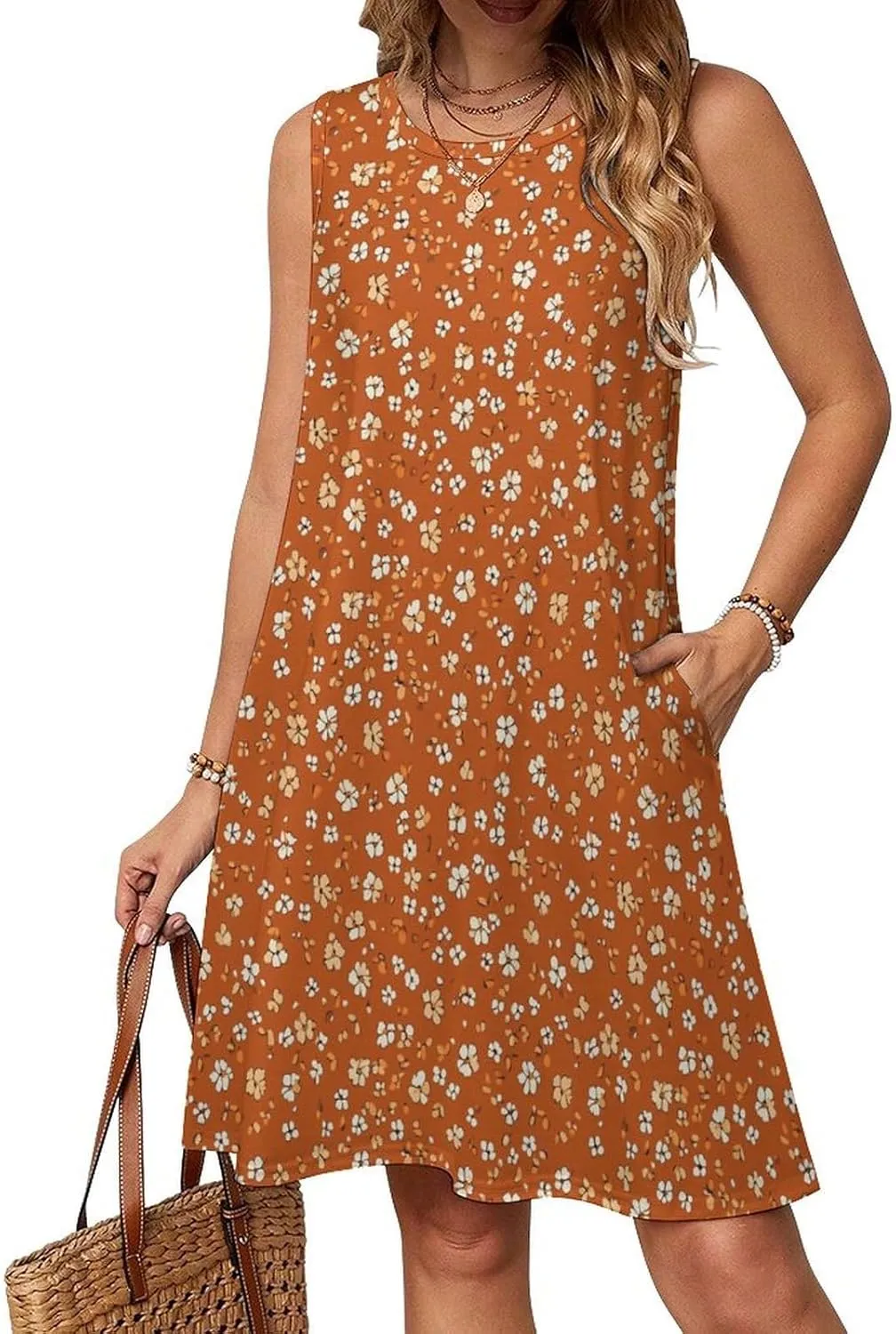 Boho Dresses for Women Summer Floral Printed Sleeveless Sundress Crewneck A-Line Mini Tank Dress Beach Vacation