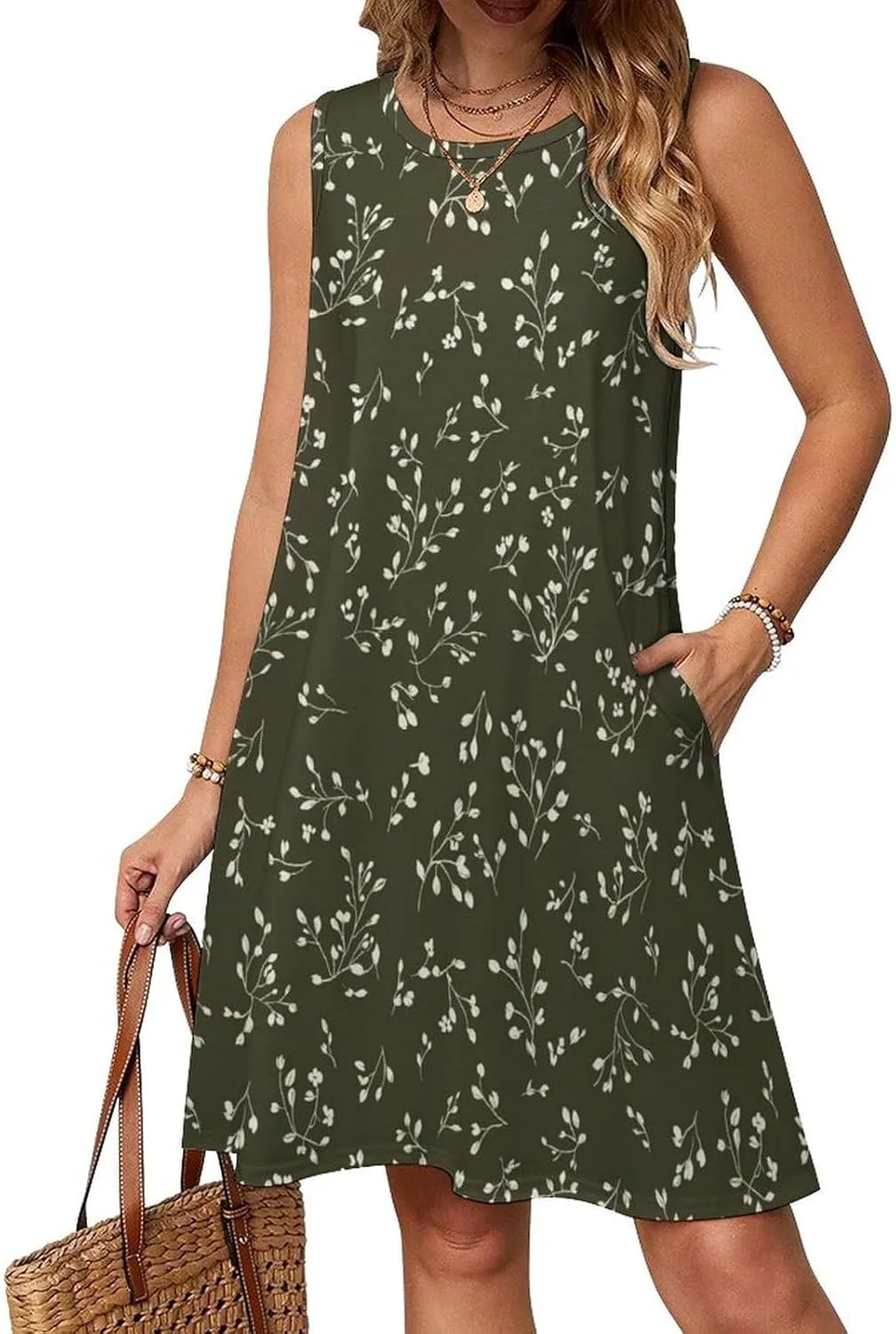 Boho Dresses for Women Summer Floral Printed Sleeveless Sundress Crewneck A-Line Mini Tank Dress Beach Vacation
