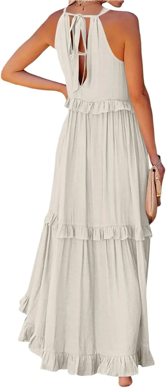 Boho Dresses for Women,2025 Summer Flowy Ruffle Tiered Swing Smocked Beach Sundress,Sleeveless Halter Maxi Dress