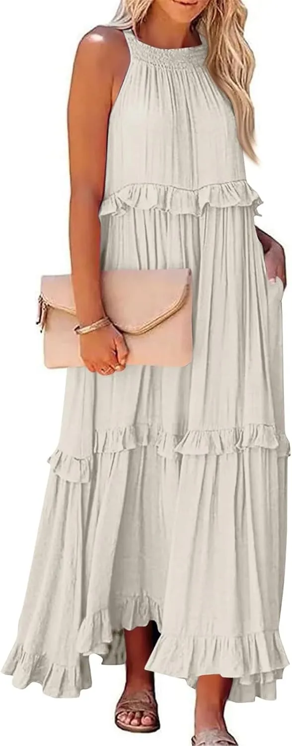 Boho Dresses for Women,2025 Summer Flowy Ruffle Tiered Swing Smocked Beach Sundress,Sleeveless Halter Maxi Dress